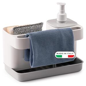 Držák na houbičky a kartáče do kuchyně, bílý a šedý | Organizér do dřezu | Dispenser na mycí prostředek | Rozměry: 21 x 12 x 18 cm | Výroba: Itálie | Bez BPA a ftalátů. – Bílá a šedá barva