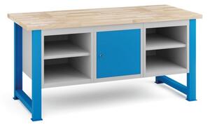 Dílenský stůl KOVONA, 2x skříňka s policí, 1x skříňka, buková spárovka, pevné nohy, 1700 mm