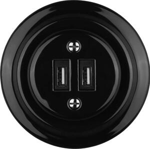 Bohemia-Design - Porcelánová retro USB napájecí zásuvka s rámečkem 2xUSB-A černá