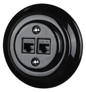 Bohemia-Design - Porcelánová retro ethernetová zásuvka s rámečkem 2xCAT.5E černá