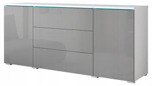 Komoda o šířce 150 cm do obývacího pokoje, s 3 zásuvkami a 2 skříňkami, bílá/šedá, lesklá