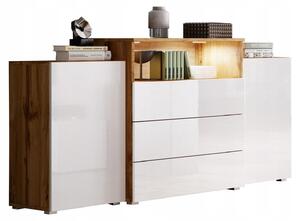 Komoda 150 cm, moderní design, 3 zásuvky, kombinace barvy wotan a bílá s lesklým povrchem
