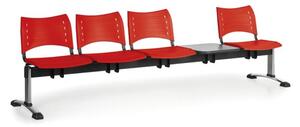 Plastová lavice do čekáren VISIO, 4-sedák, se stolkem, červená, chromované nohy
