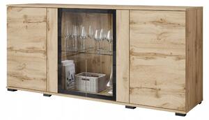 Komoda o šířce 150 cm, moderní design, skleněné dvířka a zásuvky s povrchem Wotan mat