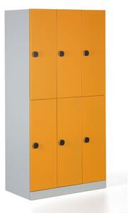Kovová šatní skříňka s úložnými boxy, demontovaná, oranžové dveře, kódový zámek