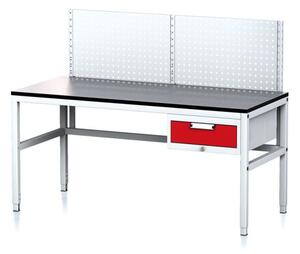 Nastavitelný dílenský stůl MECHANIC II s perfopanelem, 1 zásuvkový box na nářadí, 1600x700x745-985 mm, šedá/červená