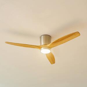 Lucande LED stropní ventilátor Faipari, nikl, DC, tichý, 132 cm, Světlé dřevo, Obývací pokoj / jídelna, Dřevo, Moderní