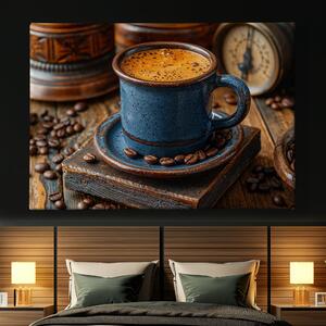 Obraz na plátně - Káva, dřevěný podtácek FeelHappy.cz Velikost obrazu: 60 x 40 cm