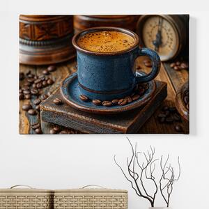 Obraz na plátně - Káva, dřevěný podtácek FeelHappy.cz Velikost obrazu: 40 x 30 cm