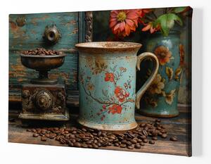 Obraz na plátně - Káva, květinový hrnek FeelHappy.cz Velikost obrazu: 210 x 140 cm