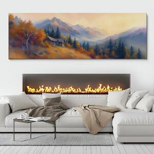 Obraz na plátně - Horská chata v podzimní krajině FeelHappy.cz Velikost obrazu: 120 x 40 cm