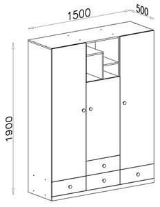 PIXEL | šatní skříň PX1 | 150 cm | s policemi a šatní tyčí | dub/bílá lux/šedá