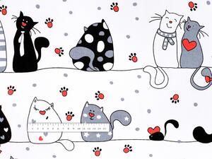 Dětská bavlněná látka/plátno Sandra SA-127 Černo bílé kočky na bílém - šířka 160 cm