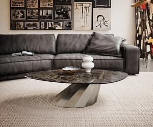 DELIFE Konferenční stolek Edge organický 140x76 cm keramika Laminam® Emperador Extra Lucidato tmavě hnědá Parabi nerezová ocel broušená