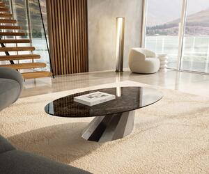 DELIFE Konferenční stolek Edge oválný 140x80 cm keramika Laminam® Emperador Extra Lucidato tmavě hnědá Parabi nerezová ocel broušená