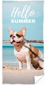 Bavlněná plážová osuška s buldočkem - motiv Hello Summer - 100% bavlna, froté s gramáží 300 gr./m² - 70 x 140 cm