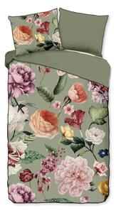 Zelené povlečení na jednolůžko/prodloužené z bavlněného saténu 140x220 cm Fiori – Descanso