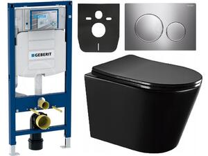 AKCE/SET/LIVERO Geberit - Set předstěnové instalace, tlačítka Sigma20, matný chrom, Mexen Rico WC mísa Rimless, WC sedátko se zpomalovacím mechanismem, Slim, duroplast - černá matná