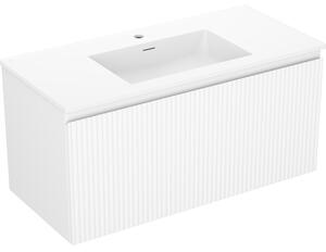 Mexen Rivel, koupelnová skříňka 100 cm s umyvadlem Otis, 1 zásuvka, drážkovaná, bílá matná, 91A20-10047-1-BF01-W18M01