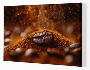 Obraz na plátně - Káva, zrnko v namleté hromádce FeelHappy.cz Velikost obrazu: 150 x 100 cm