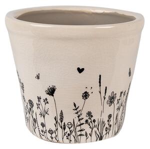 Béžový keramický obal na květináč s kresbou rostlinek Flora a Fauna – 12x11 cm