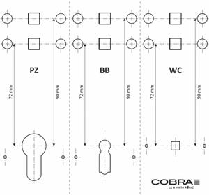 Ochranné kování COBRA SVEVA (OLV) - PZL klika-klika levá otvor na cylindrickou vložku/OLV (mosaz leštěná, lesklá) / Rozteč 72 mm