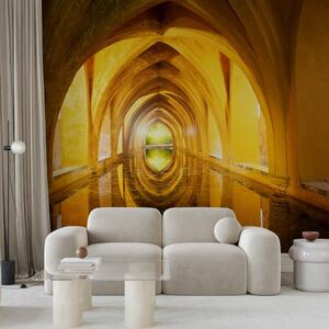 Fototapeta Zlatý chodba - architektura starého tunelu s vodou s iluzí hloubky