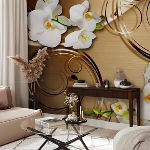 Fototapeta Bílé orchideje - rostlinný motiv květin s ornamenty na zlatém pozadí