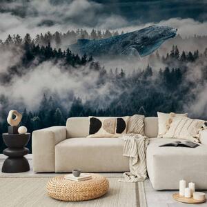 Fototapeta Krajina s mlhou - abstrakce s velrybou v mlhavém lese s oblaky