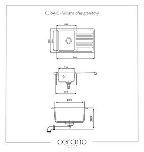Cerano Villians, dřez granitový, 1-komorový s odkapávačem, 765x460x190 mm, černá metalická, CER-LIVSQ101-B