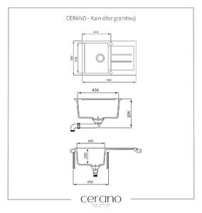 CERANO - Kain dřez granitový, 1-komorový s odkapávačem, 780 x 500 mm - černá matná