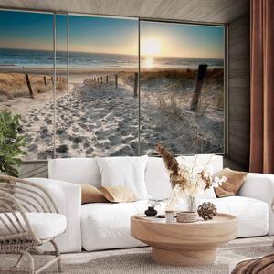 Fototapeta Pohled z okna - 3D pláž při východu slunce s efektem šedivosti