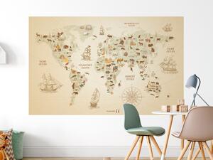 FUGU Dětská Mapa světa Dobrodružné objevy - plakát béžová tmavá Rozměr: MALÁ: (š x v) 134 x 85 cm - Mapa světa objevy
