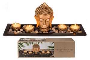OOTB Černý dřevěný tác s Buddhovou hlavou, svíčkovými držáky a dekorativními kameny