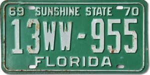 Americká SPZ Florida 1969 Sunshine Green 13WW-955