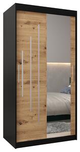 Šatní skříň s posuvnými dveřmi a zrcadlem YORK2 - 100x200cm -Černá-Dub Artisan-