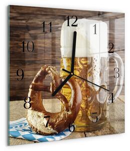Skleněné hodiny na stěnu Pivní preclík zskc-30x30-00176604
