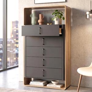 Highboard HWC-P43, vysoká skí, píborník, komoda, 5 zásuvek, MDF, 155 x 80 x 41 cm vzhled dubu Rivera, tmav edá