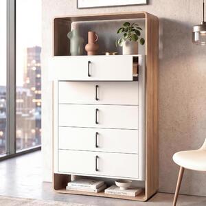 Highboard HWC-P43, vysoká skí, píborník, komoda, 5 zásuvek, MDF, 155 x 80 x 41 cm vzhled dubu Wotan, bílá