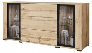 Komoda 150 cm, moderní design, skleněné dvířka a zásuvky, povrchová úprava Wotan mat, s LED osvětlením