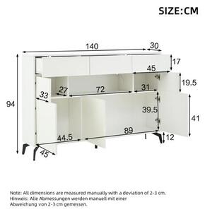 LED komoda Schmales, vysoký lesk, bílá, 140 cm, komoda s ovládáním přes aplikaci, 3 zásuvky a LED osvětlení, moderní nábytek do obývacího pokoje