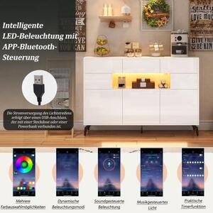 LED komoda Schmales, vysoký lesk, bílá, 140 cm, komoda s ovládáním přes aplikaci, 3 zásuvky a LED osvětlení, moderní nábytek do obývacího pokoje