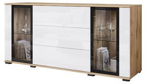 Komoda, 150 cm, s prosklenou vitrínou a zásuvkami, barva wotan/lesklá bílá