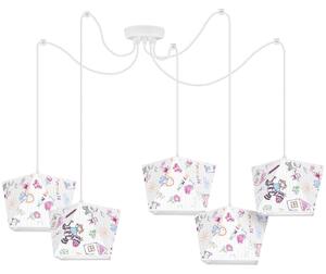 Dětské závěsné svítidlo Diamond Spider, 5x bílé textilní stínítko se vzorem
