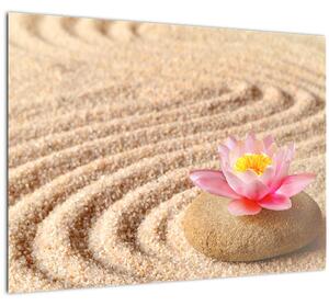 Skleněný obraz kamene s květinou na písku (70x50 cm)