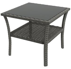 Outsunny Čtvercový Zahradní Stůl z Umělého Rattanu 50x50x45 cm s Skleněnou Deskou a Pozinkovaným Ocelovým Rámem, Nosnost 30 kg pro Terasu a Patio Šedý