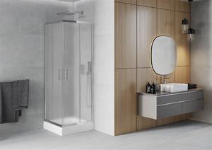 Mexen Rio, čtvercový sprchový kout s posuvnými dveřmi 70 x 70 cm, 5mm sklo námraza, chromový profil + bílá vysoká sprchová vanička Rio, 860-070-070-01-30-4510