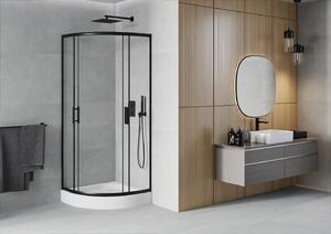 Mexen Rio, čtvrtkruhový sprchový kout s posuvnými dveřmi 70 x 70 cm, 5mm čiré sklo, černý profil + bílá vysoká sprchová vanička Rio, 863-070-070-70-00-4710