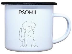 Smaltovaný hrnek plecháček s potiskem Psomil, 330 ml