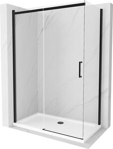 Mexen Omega, sprchový kout s posuvnými dveřmi 140 (dveře) x 80 (stěna) cm, 8mm čiré sklo, černý profil + slim sprchová vanička bílá s černým sifonem, 825-140-080-70-00-4010B